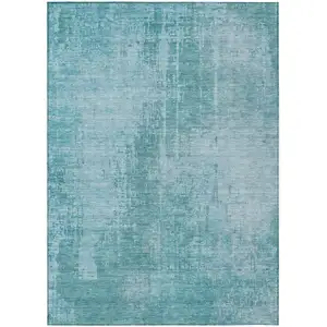 Photo of Aqua Teal Blue And Gray Abstract Washable Indoor Outdoor Area Rug