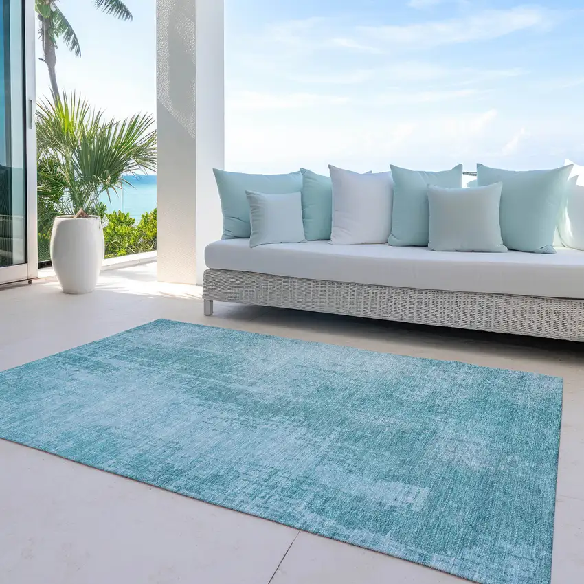 Aqua Teal Blue And Gray Abstract Washable Indoor Outdoor Area Rug Photo 8