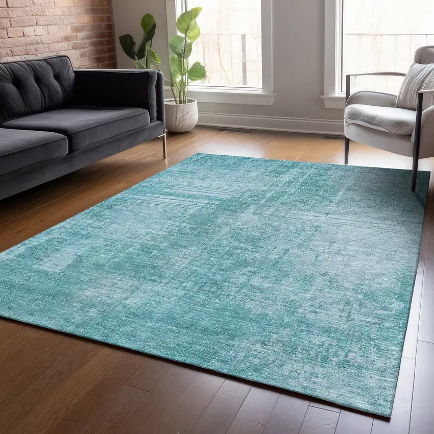 Aqua Teal Blue And Gray Abstract Washable Indoor Outdoor Area Rug Photo 9