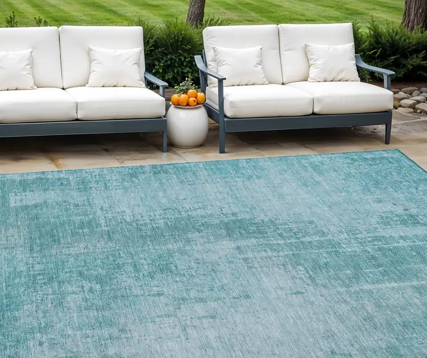 Aqua Teal Blue And Gray Abstract Washable Indoor Outdoor Area Rug Photo 1