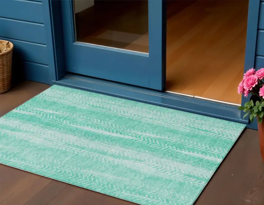 Aqua Teal Blue And Ivory Botanical Leaves Washable Indoor Outdoor Area Rug Photo 1