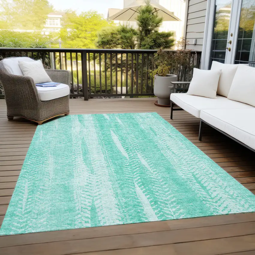 Aqua Teal Blue And Ivory Botanical Leaves Washable Indoor Outdoor Area Rug Photo 9