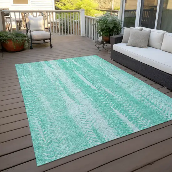 Aqua Teal Blue And Ivory Botanical Leaves Washable Indoor Outdoor Area Rug Photo 7