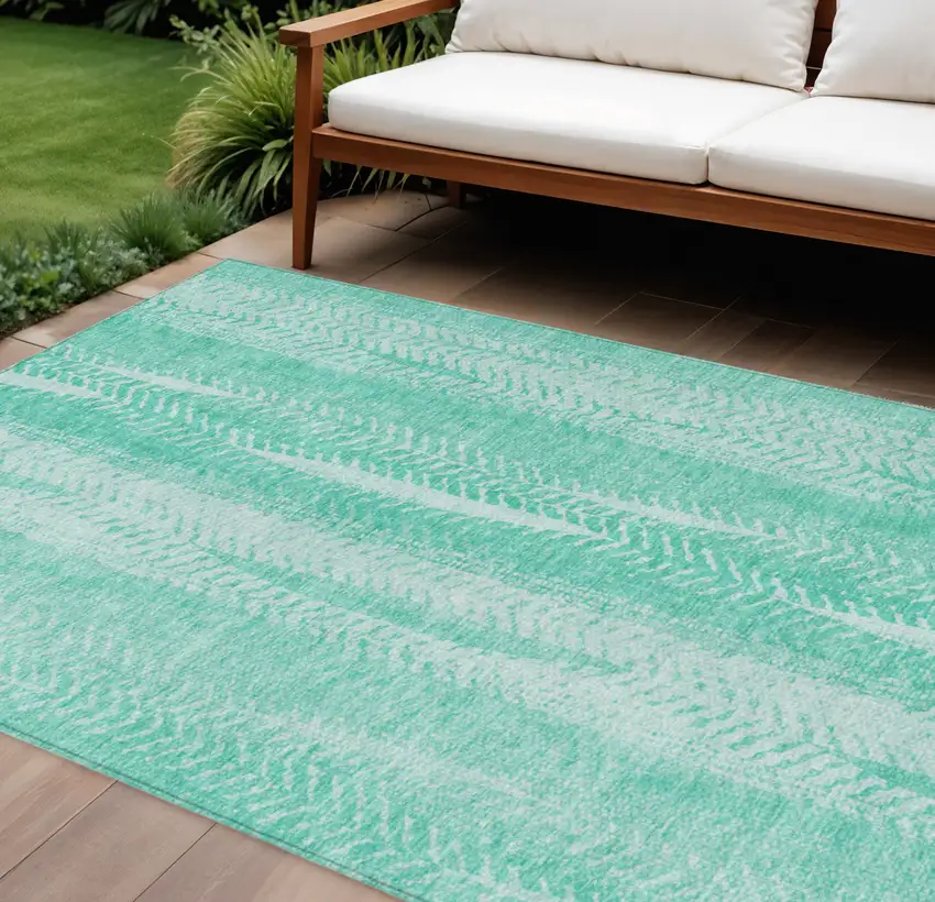 Aqua Teal Blue And Ivory Botanical Leaves Washable Indoor Outdoor Area Rug Photo 1