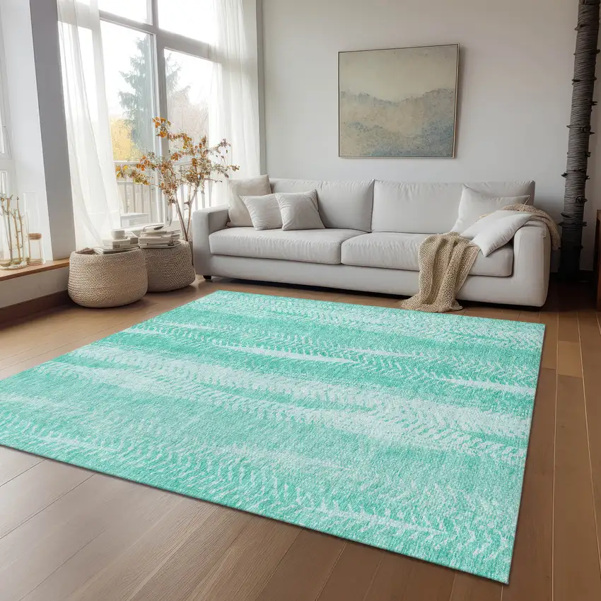 Aqua Teal Blue And Ivory Botanical Leaves Washable Indoor Outdoor Area Rug Photo 9