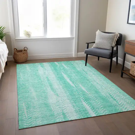 Aqua Teal Blue And Ivory Botanical Leaves Washable Indoor Outdoor Area Rug Photo 8