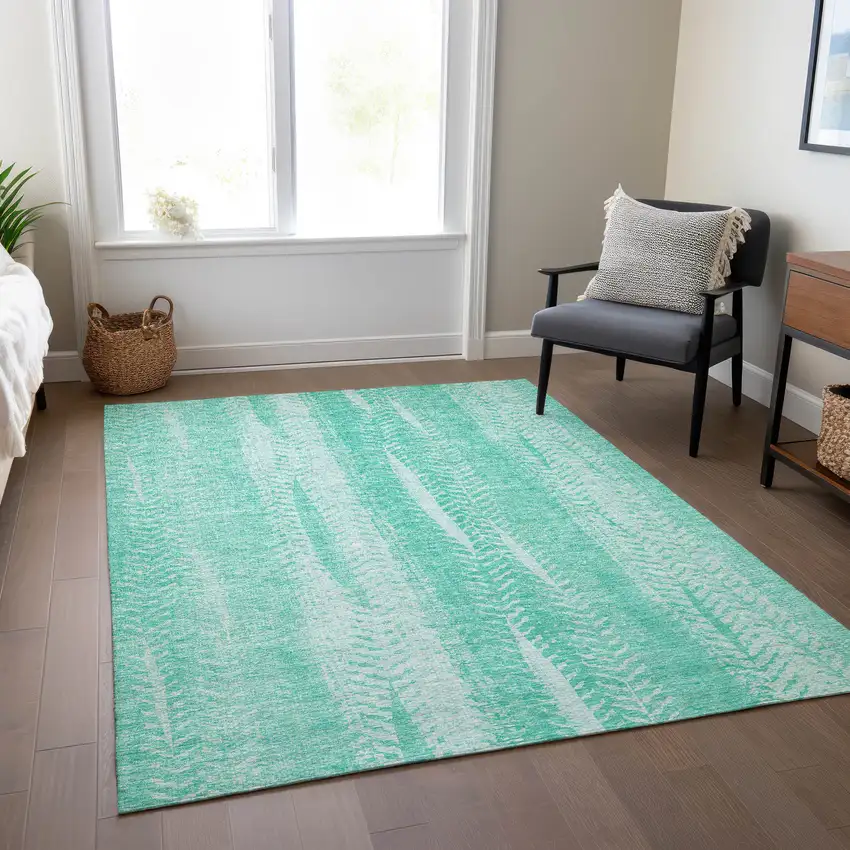 Aqua Teal Blue And Ivory Botanical Leaves Washable Indoor Outdoor Area Rug Photo 8