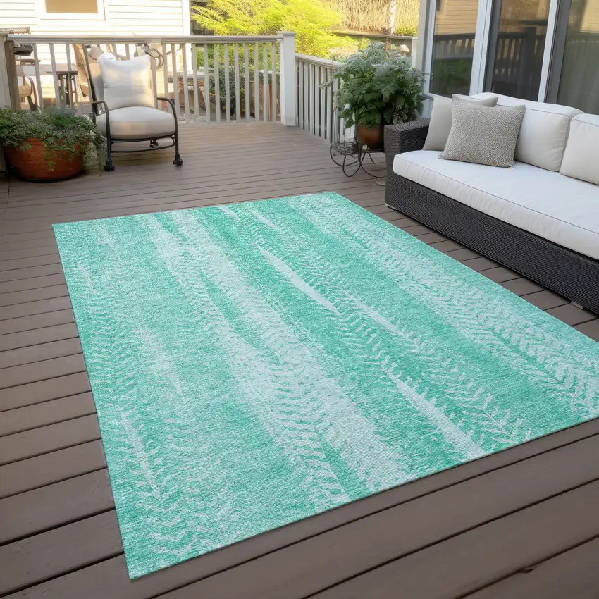 Aqua Teal Blue And Ivory Botanical Leaves Washable Indoor Outdoor Area Rug Photo 7