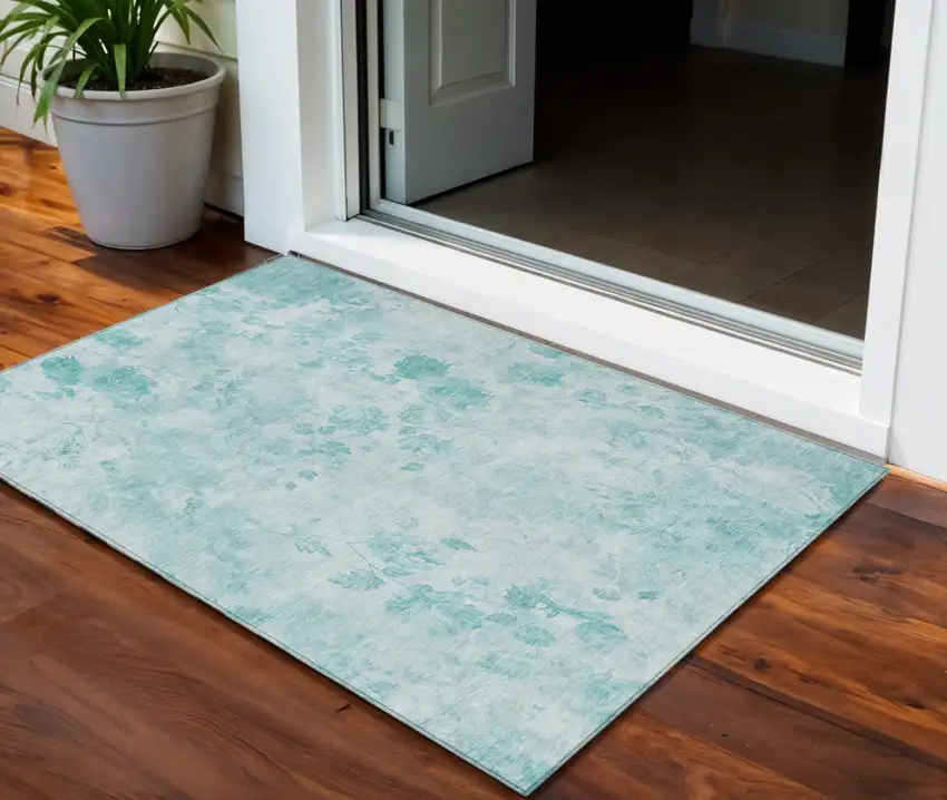 Aqua Teal Blue And Ivory Floral Washable Indoor Outdoor Area Rug Photo 1