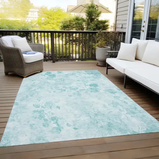 Aqua Teal Blue And Ivory Floral Washable Indoor Outdoor Area Rug Photo 9