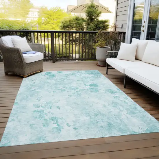 Aqua Teal Blue And Ivory Floral Washable Indoor Outdoor Area Rug Photo 9
