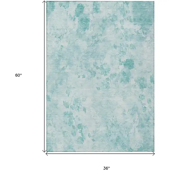 Aqua Teal Blue And Ivory Floral Washable Indoor Outdoor Area Rug Photo 7