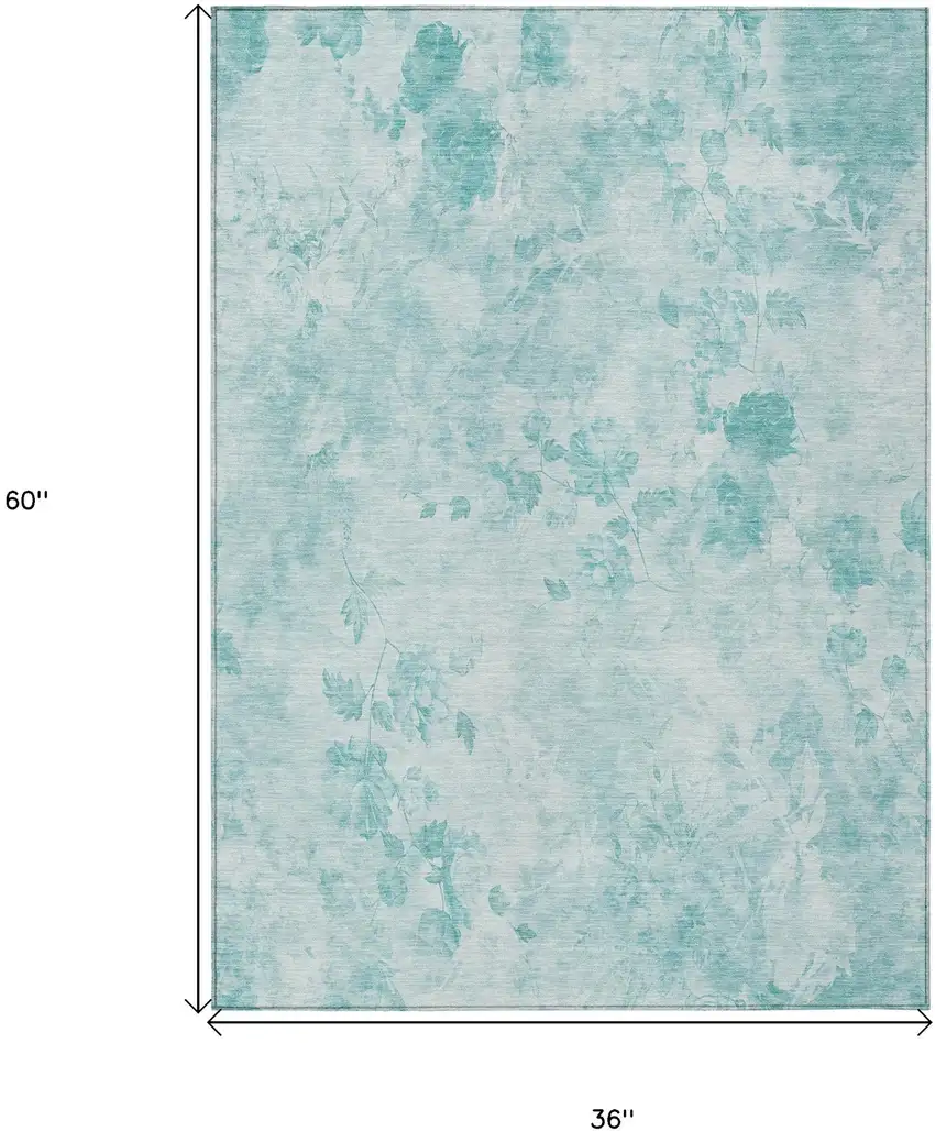 Aqua Teal Blue And Ivory Floral Washable Indoor Outdoor Area Rug Photo 7