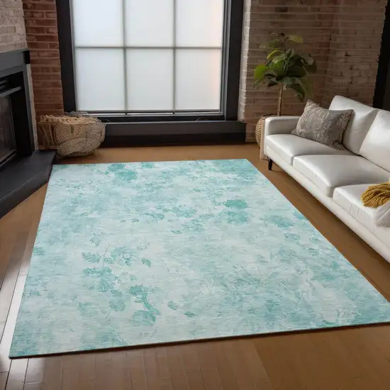 Aqua Teal Blue And Ivory Floral Washable Indoor Outdoor Area Rug Photo 8