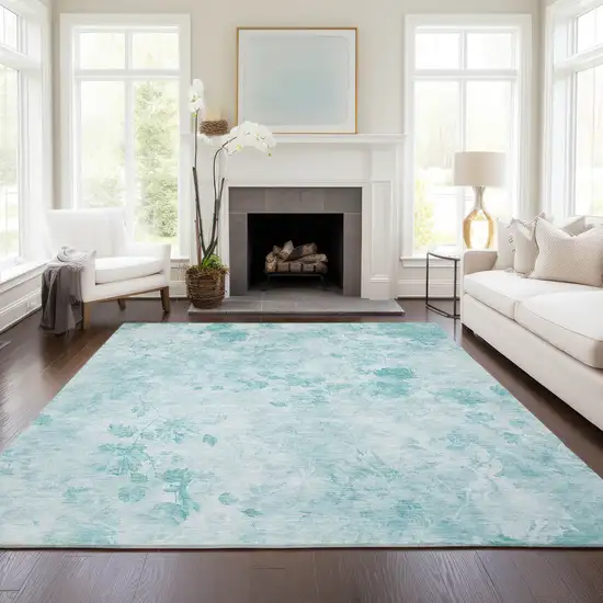 Aqua Teal Blue And Ivory Floral Washable Indoor Outdoor Area Rug Photo 7