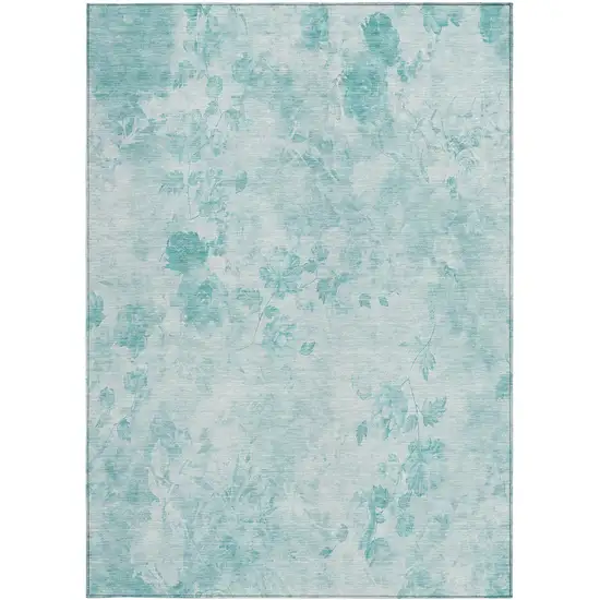 Aqua Teal Blue And Ivory Floral Washable Indoor Outdoor Area Rug Photo 5
