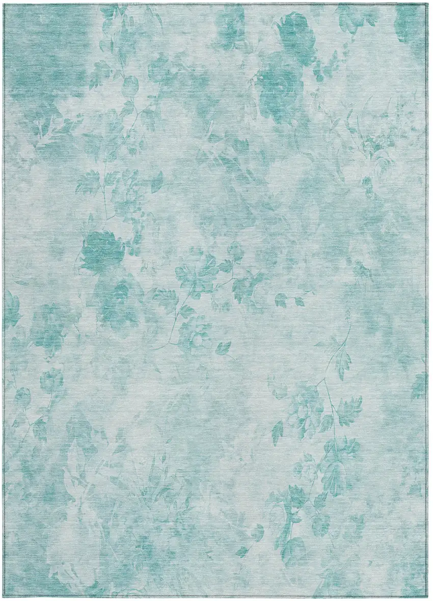 Aqua Teal Blue And Ivory Floral Washable Indoor Outdoor Area Rug Photo 5