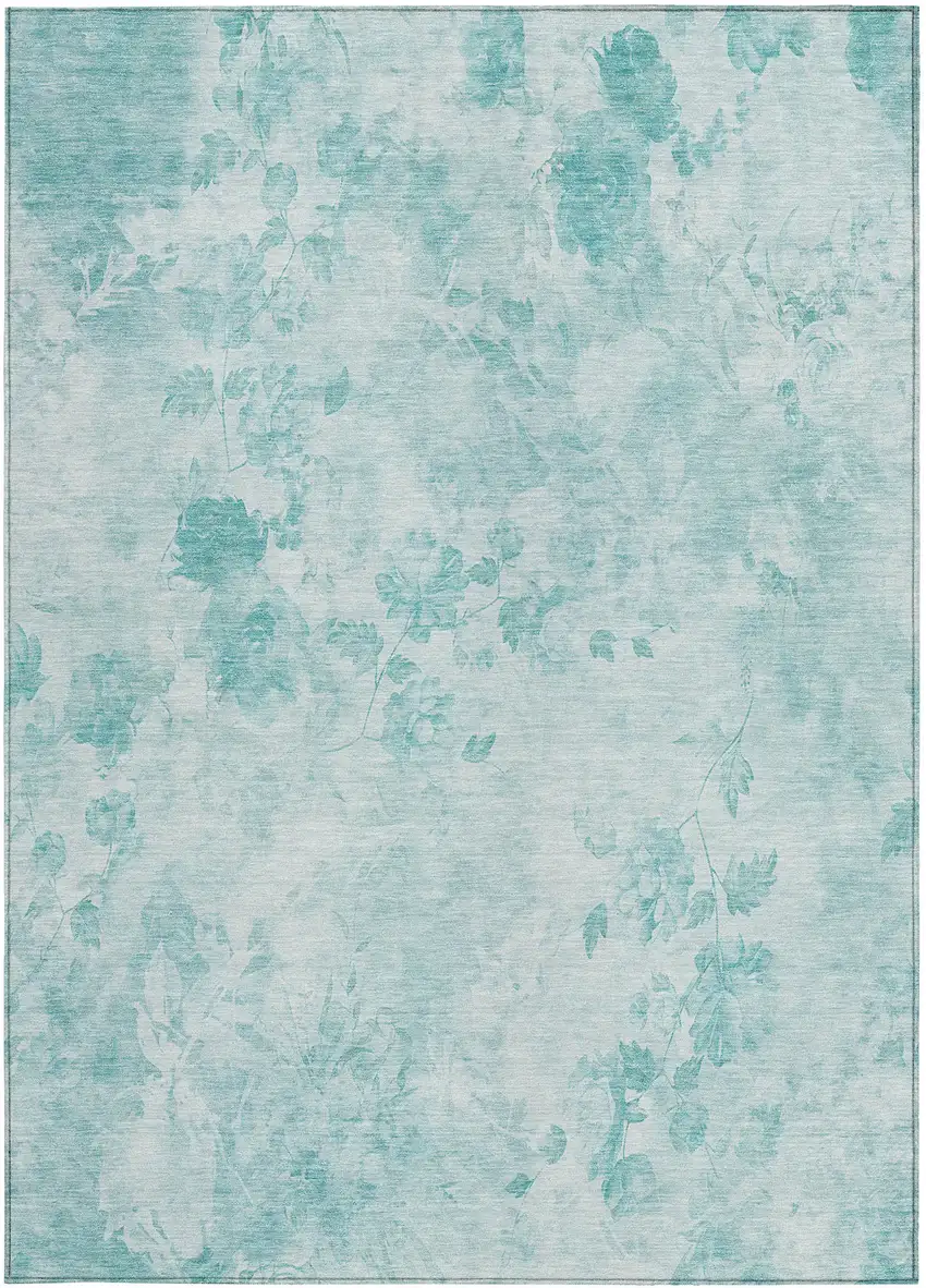 Aqua Teal Blue And Ivory Floral Washable Indoor Outdoor Area Rug Photo 5