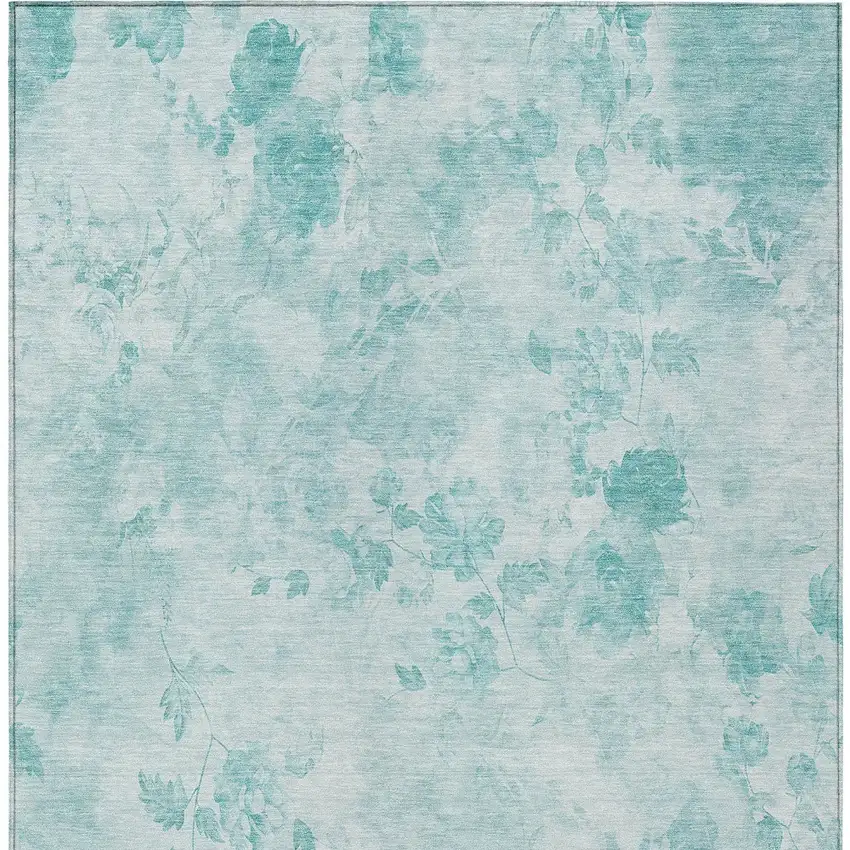 Aqua Teal Blue And Ivory Floral Washable Indoor Outdoor Area Rug Photo 5