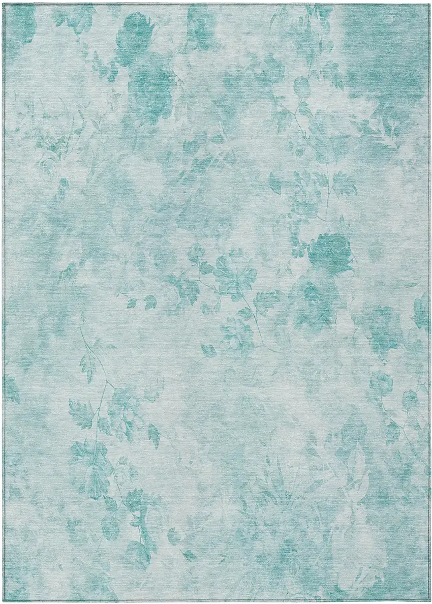 Aqua Teal Blue And Ivory Floral Washable Indoor Outdoor Area Rug Photo 1