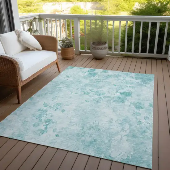Aqua Teal Blue And Ivory Floral Washable Indoor Outdoor Area Rug Photo 6