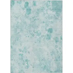 Photo of Aqua Teal Blue And Ivory Floral Washable Indoor Outdoor Area Rug