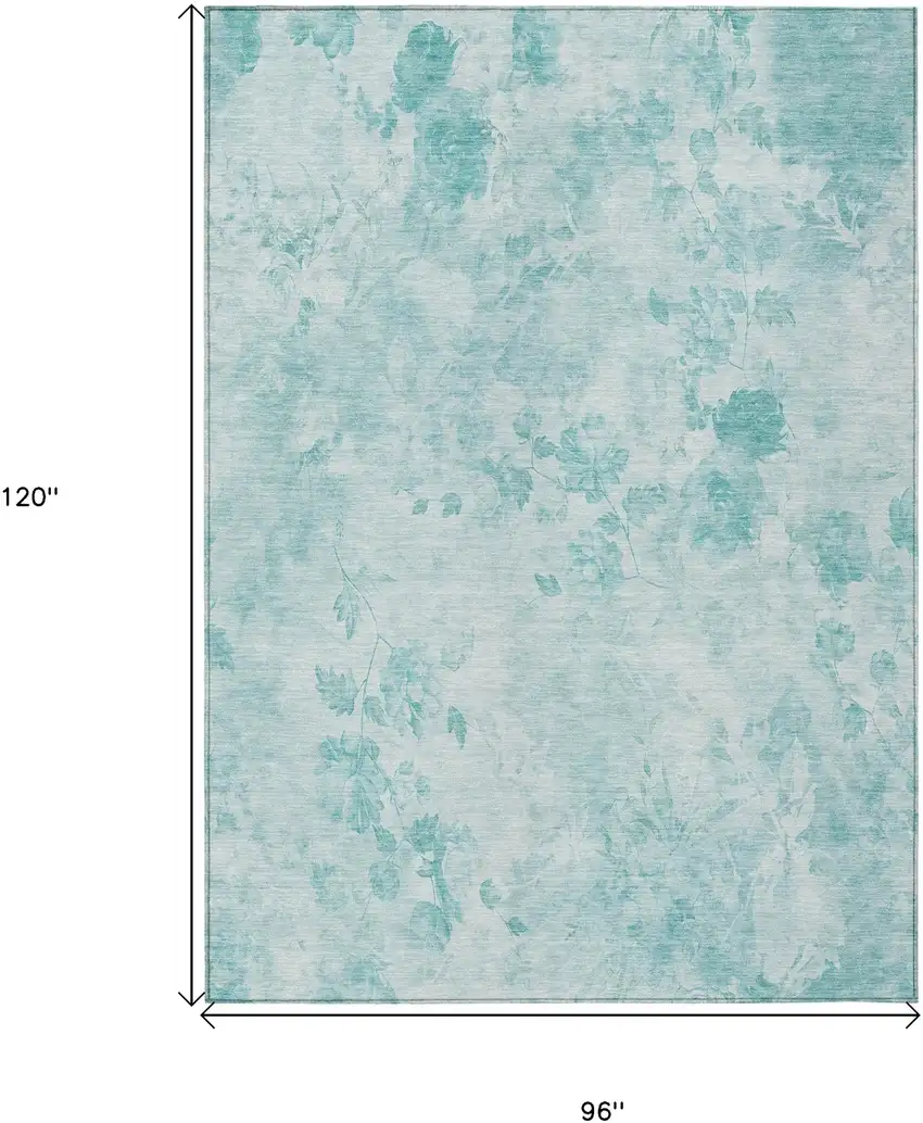 Aqua Teal Blue And Ivory Floral Washable Indoor Outdoor Area Rug Photo 7
