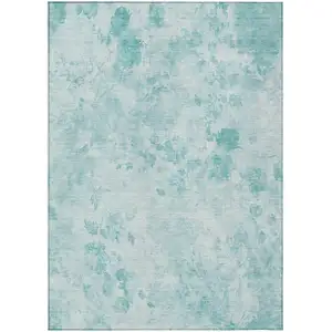 Photo of Aqua Teal Blue And Ivory Floral Washable Indoor Outdoor Area Rug