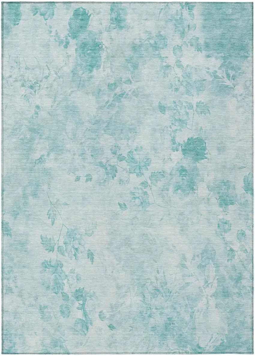 Aqua Teal Blue And Ivory Floral Washable Indoor Outdoor Area Rug Photo 1