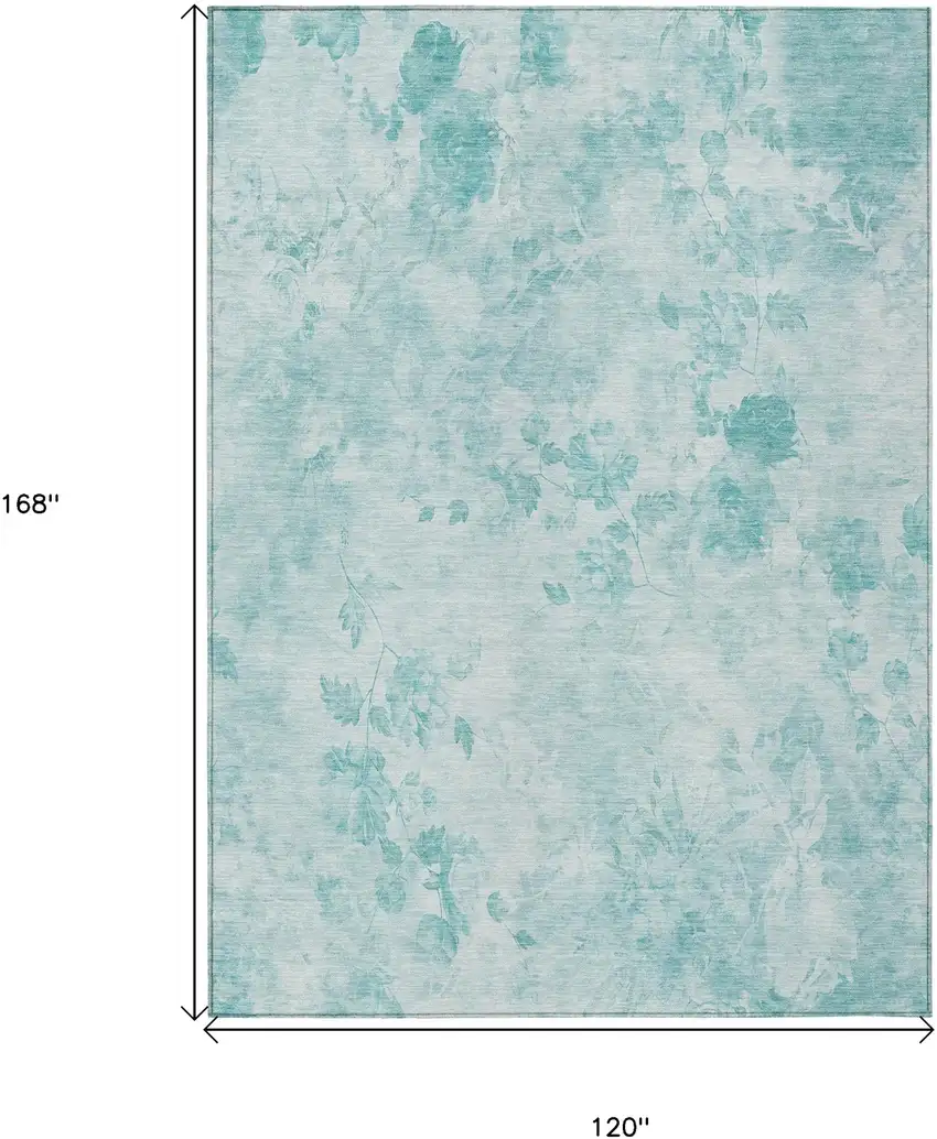 Aqua Teal Blue And Ivory Floral Washable Indoor Outdoor Area Rug Photo 7