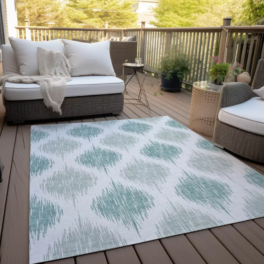 Aqua Teal Blue And Ivory Ikat Washable Indoor Outdoor Area Rug Photo 8