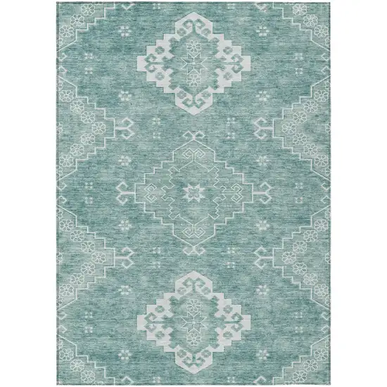 Aqua Teal Blue And Ivory Medallion Washable Indoor Outdoor Area Rug Photo 2