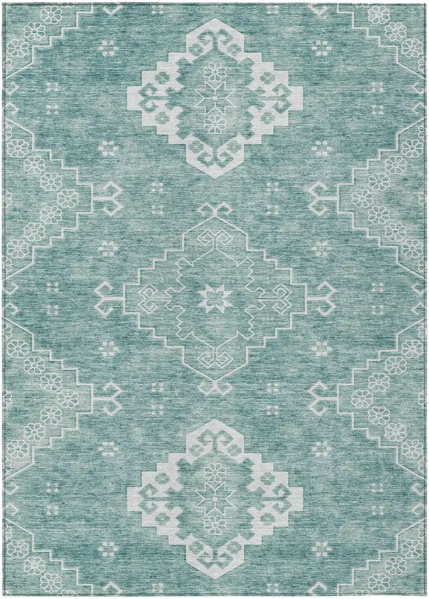 Aqua Teal Blue And Ivory Medallion Washable Indoor Outdoor Area Rug Photo 2