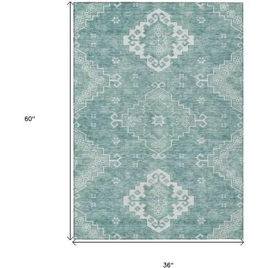 Aqua Teal Blue And Ivory Medallion Washable Indoor Outdoor Area Rug Photo 3