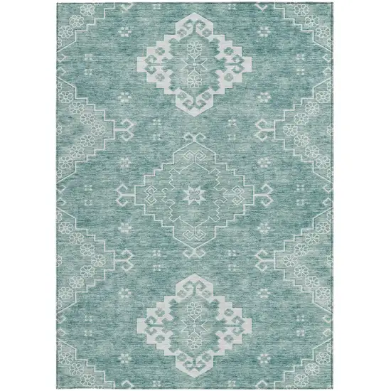 Aqua Teal Blue And Ivory Medallion Washable Indoor Outdoor Area Rug Photo 7