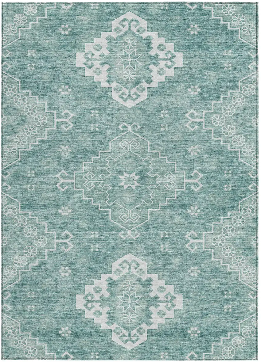 Aqua Teal Blue And Ivory Medallion Washable Indoor Outdoor Area Rug Photo 7