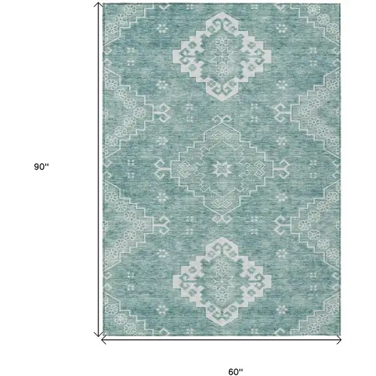 Aqua Teal Blue And Ivory Medallion Washable Indoor Outdoor Area Rug Photo 3