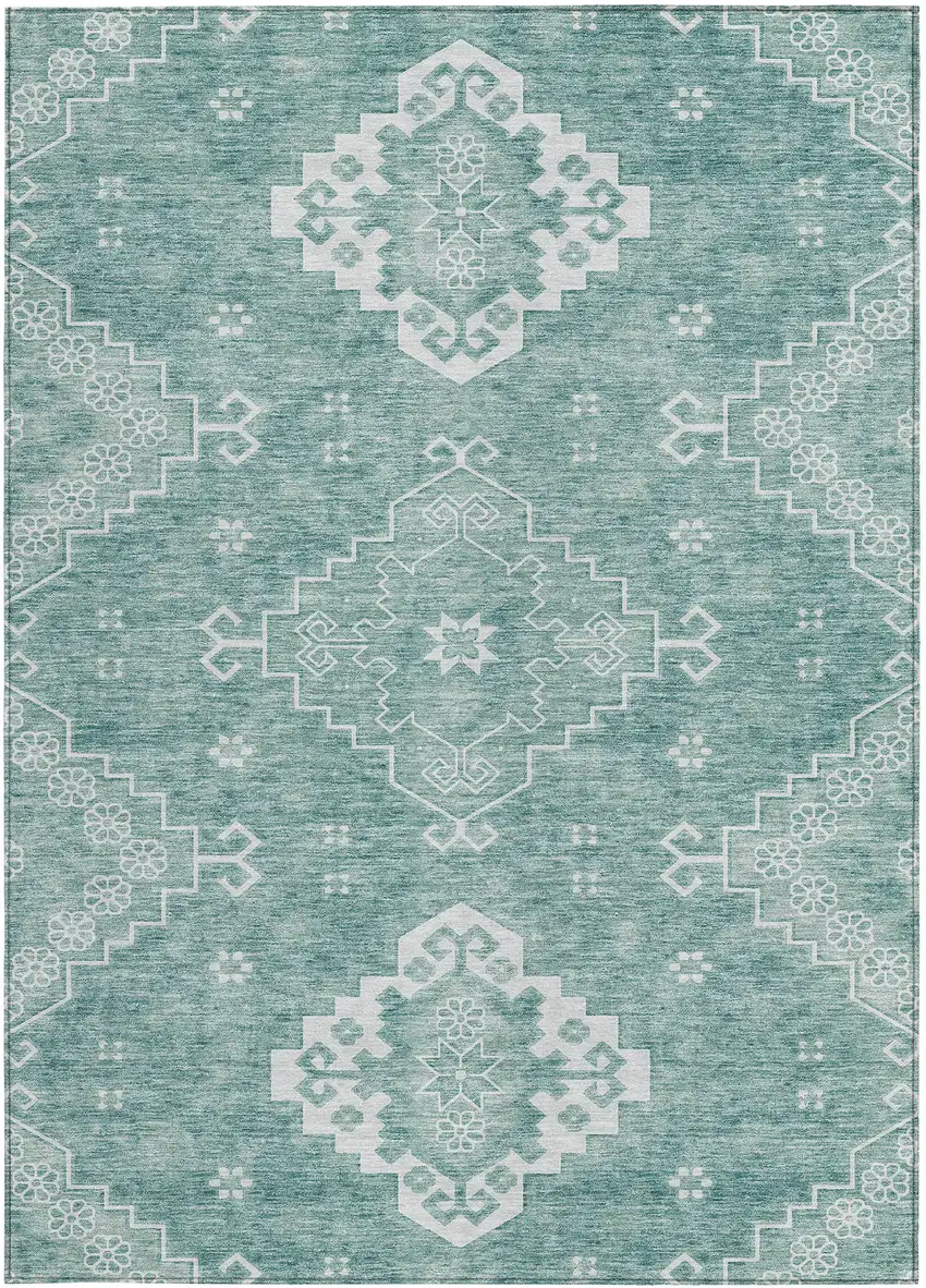 Aqua Teal Blue And Ivory Medallion Washable Indoor Outdoor Area Rug Photo 7