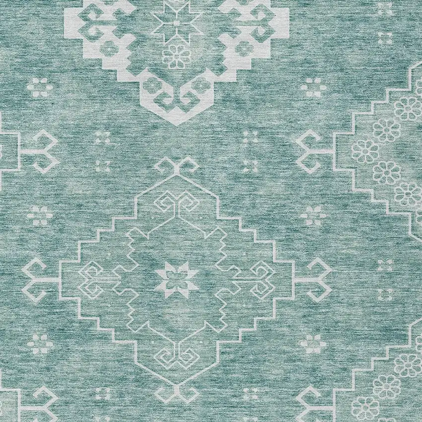 Aqua Teal Blue And Ivory Medallion Washable Indoor Outdoor Area Rug Photo 6