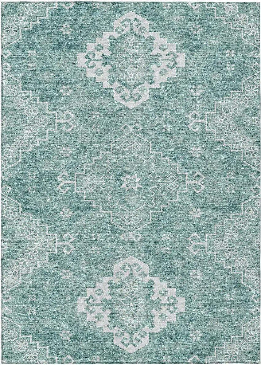 Aqua Teal Blue And Ivory Medallion Washable Indoor Outdoor Area Rug Photo 2
