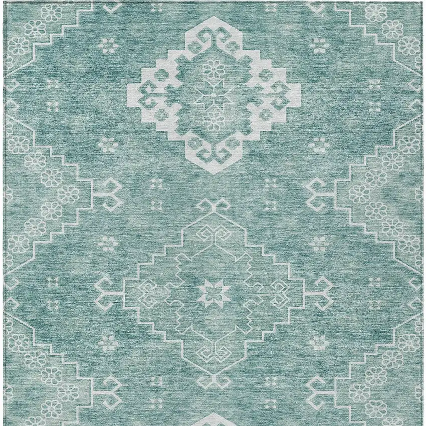 Aqua Teal Blue And Ivory Medallion Washable Indoor Outdoor Area Rug Photo 7