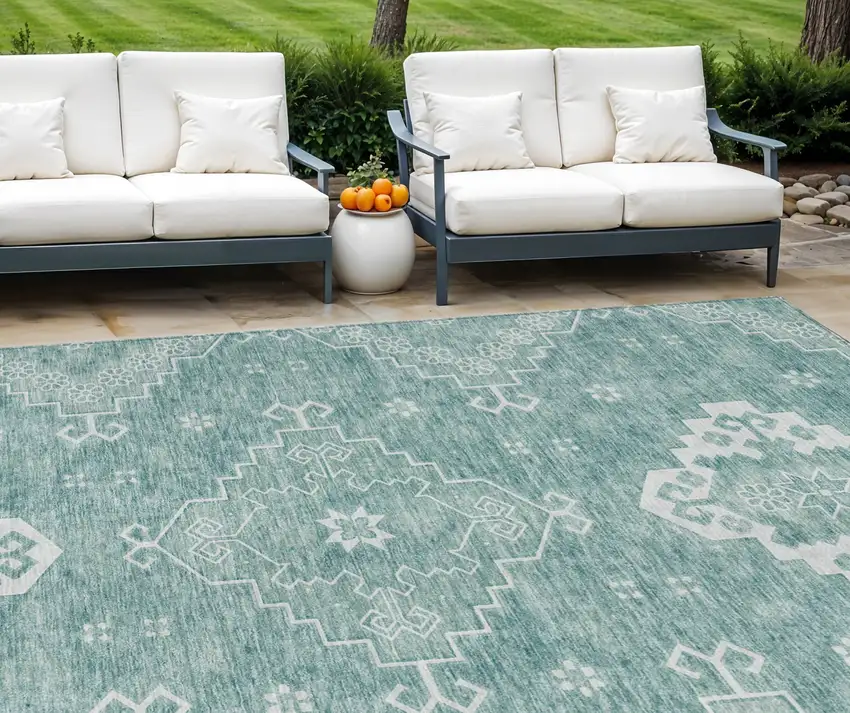 Aqua Teal Blue And Ivory Medallion Washable Indoor Outdoor Area Rug Photo 1