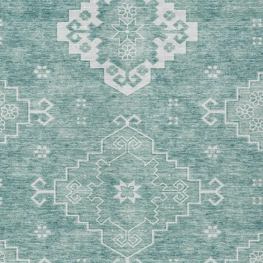 Aqua Teal Blue And Ivory Medallion Washable Indoor Outdoor Area Rug Photo 6