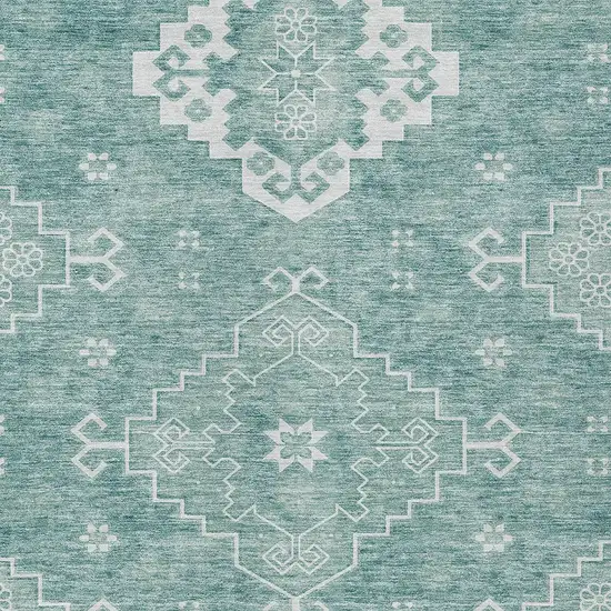 Aqua Teal Blue And Ivory Medallion Washable Indoor Outdoor Area Rug Photo 6