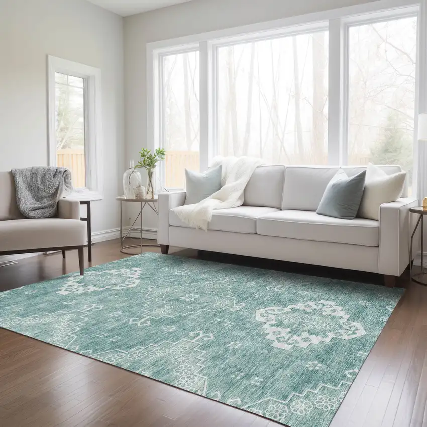 Aqua Teal Blue And Ivory Medallion Washable Indoor Outdoor Area Rug Photo 9