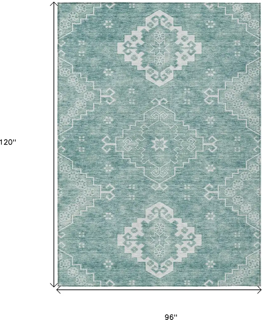 Aqua Teal Blue And Ivory Medallion Washable Indoor Outdoor Area Rug Photo 3