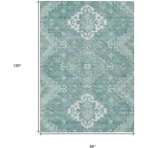Photo of Aqua Teal Blue And Ivory Medallion Washable Indoor Outdoor Area Rug