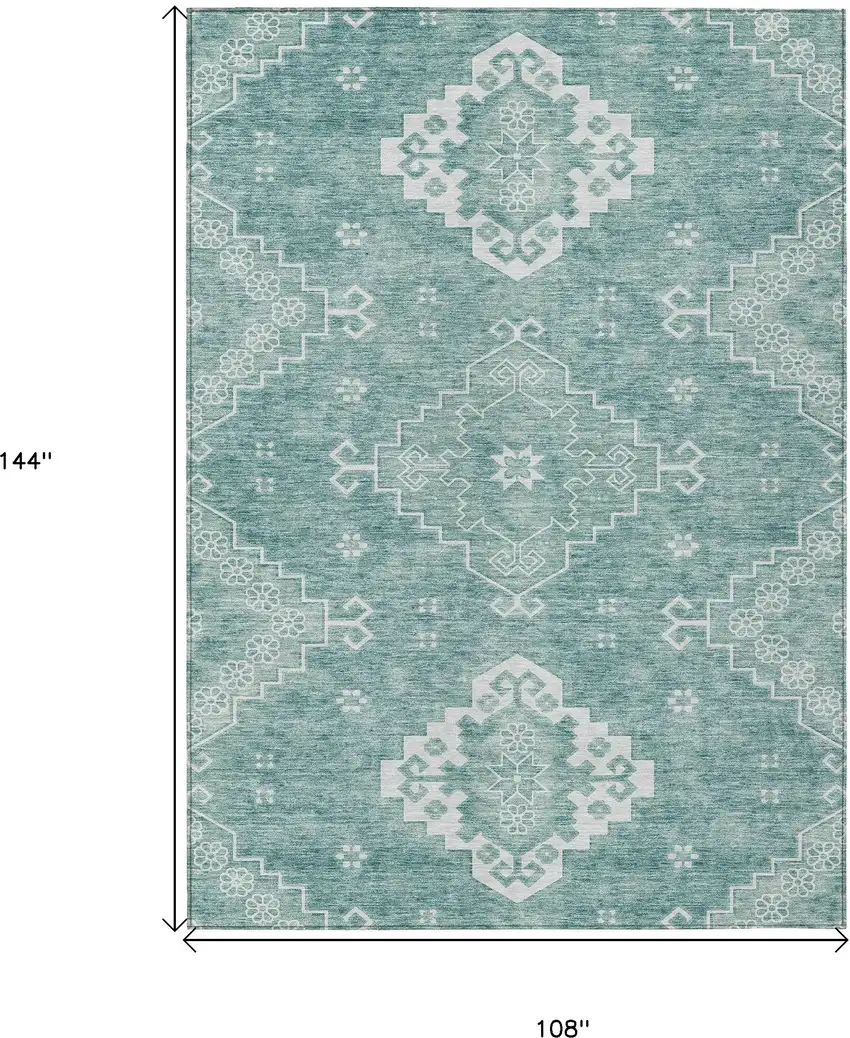 Aqua Teal Blue And Ivory Medallion Washable Indoor Outdoor Area Rug Photo 3