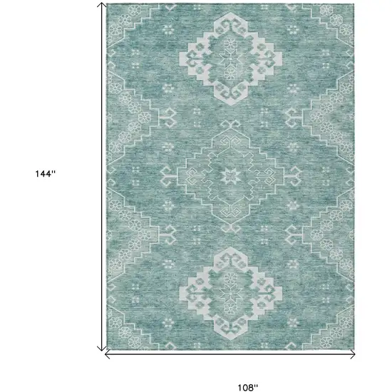 Aqua Teal Blue And Ivory Medallion Washable Indoor Outdoor Area Rug Photo 3