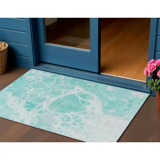Aqua Teal Blue And Ivory Nautical Washable Indoor Outdoor Area Rug Photo 1